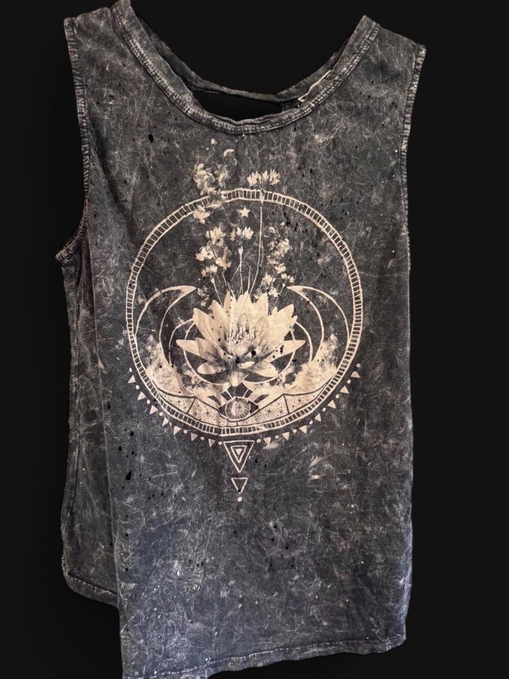 Washed Black Graphic Tank Top with Lotus Print